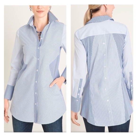 Chico’s Size 3P (XL Petite) Striped Seamed Button Down Tunic Pockets - Picture 1 of 11